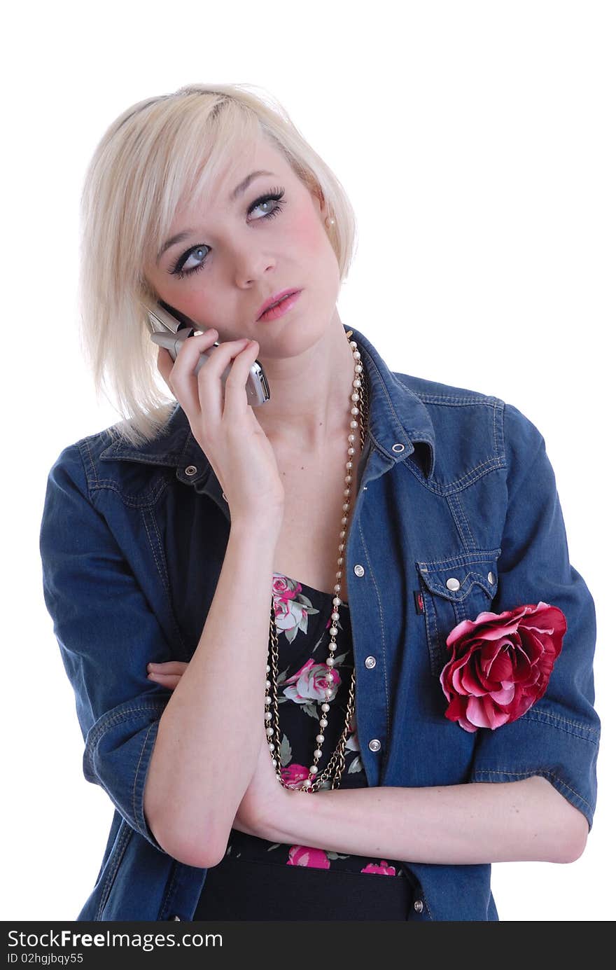 Pretty  blond girl using mobile phone