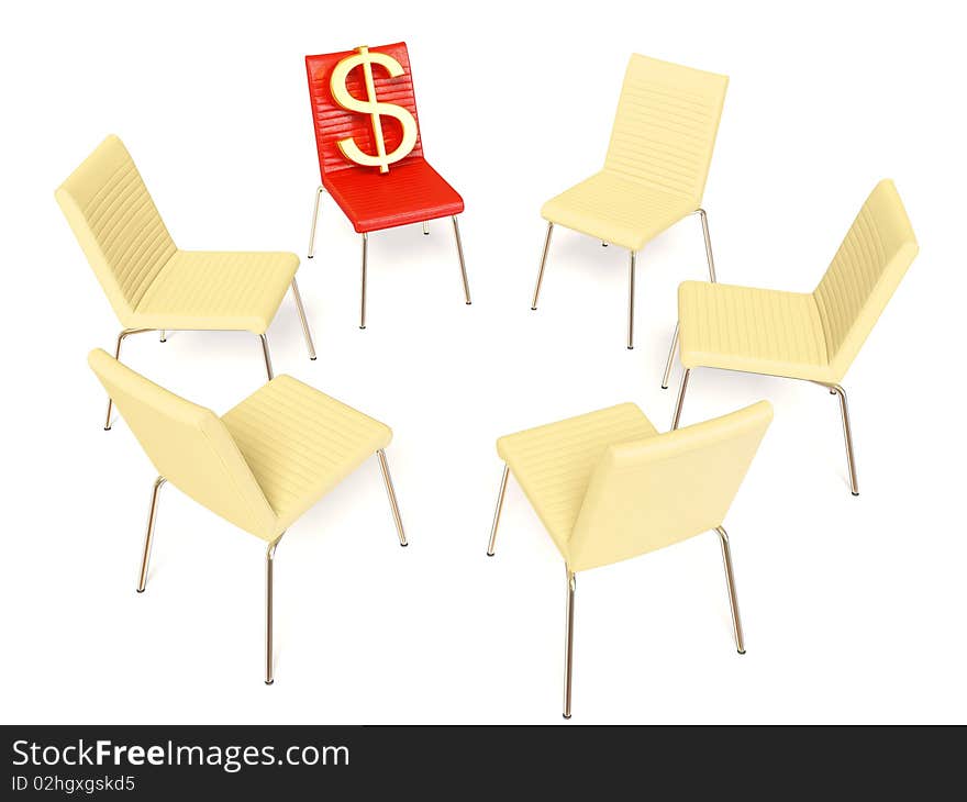 Gold dollar sign on a chair isolated background