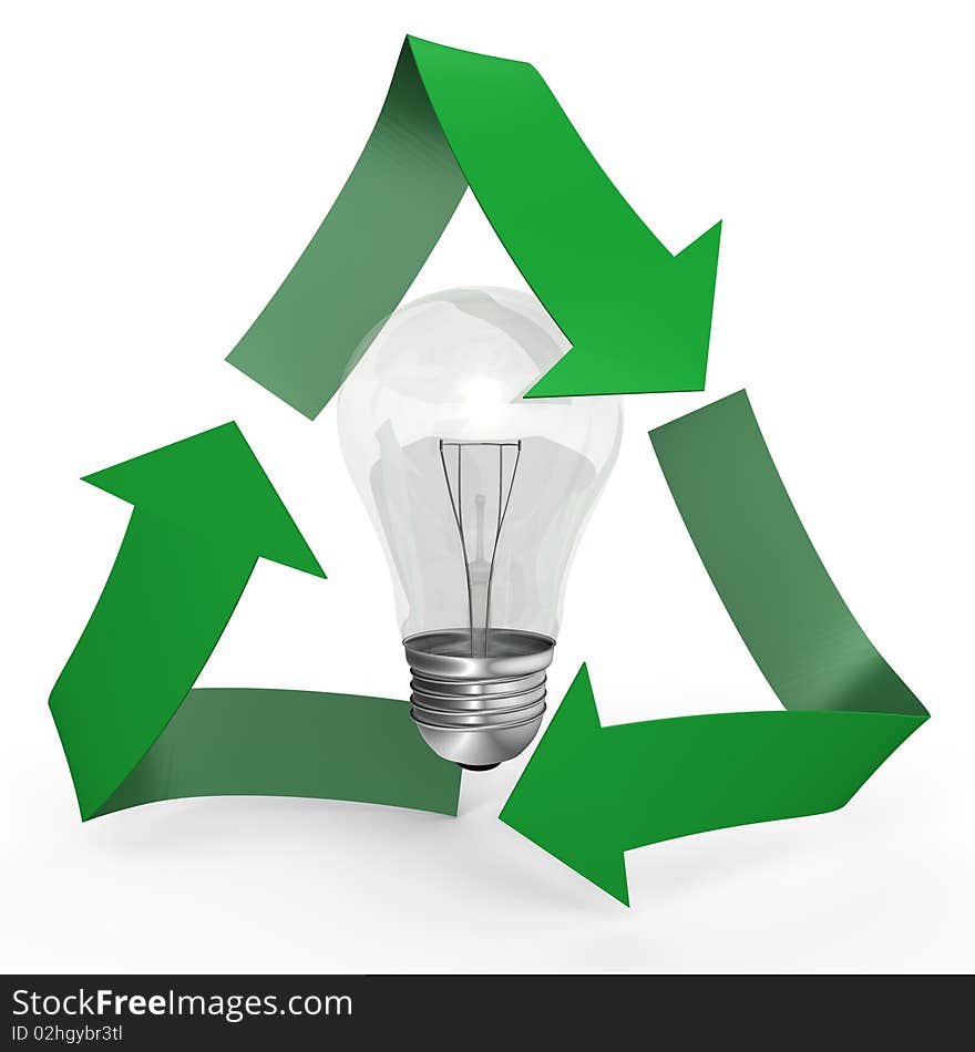 A white glass light bulb inside the recycle symbol, a conceptual 3d image. A white glass light bulb inside the recycle symbol, a conceptual 3d image