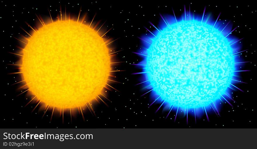 Two big realistic stars (yellow and blue) against black background. Two big realistic stars (yellow and blue) against black background