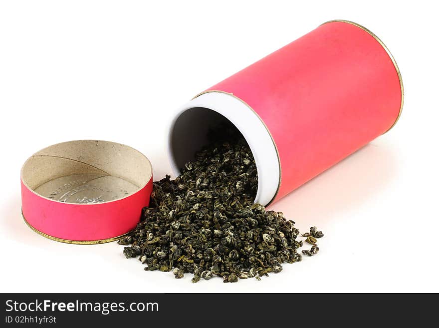 Green tea leaves on a white background