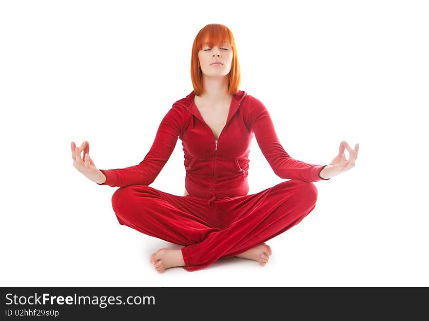 Beautiful girl meditates on a white background. Beautiful girl meditates on a white background