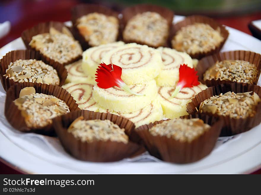 Cake dessert inside plate placed ，taken in china