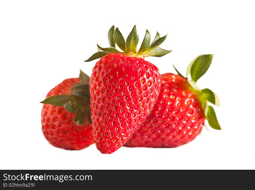 Three fresh strawberries in studio on white isolated background