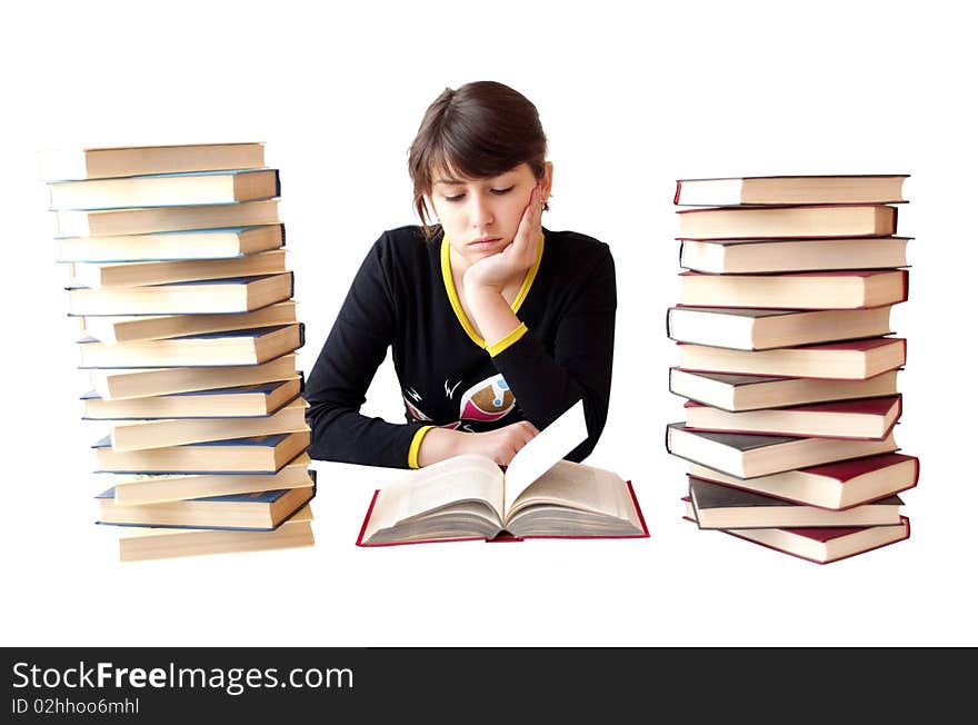 The girl reads books on a white background