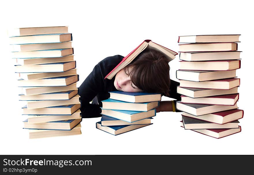 The girl reads books on a white background