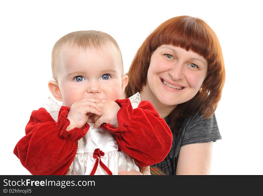 Happy mother and daughter smiling isolated over a white background