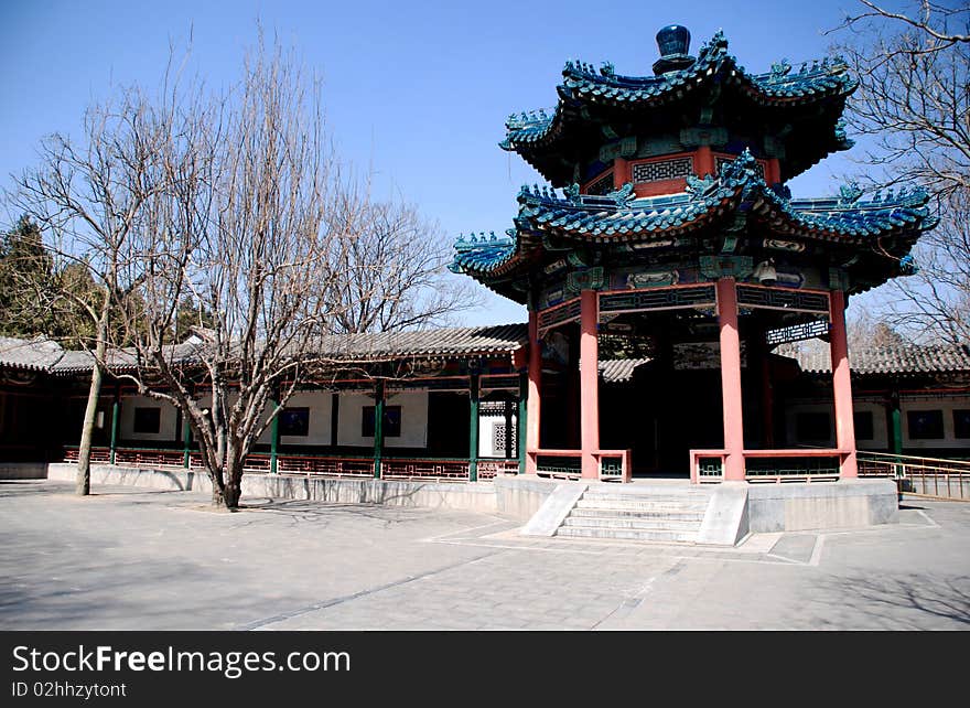 Red chinese pavilion with blue ornate roof