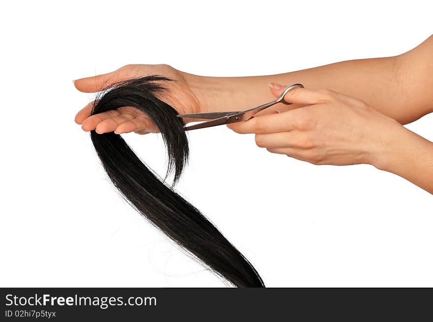 Hairdresser cutting young woman with long black hair. Hairdresser cutting young woman with long black hair