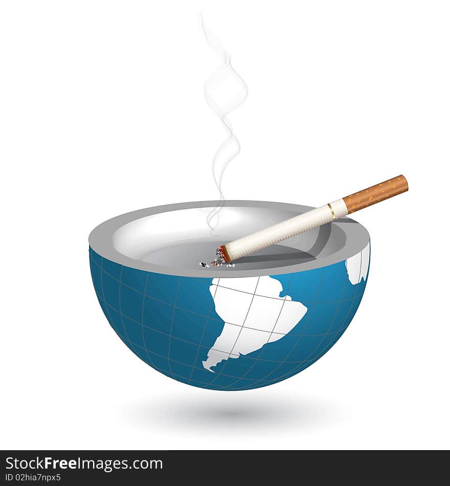 Illustration, burning cigarette in ashtray in the manner of globe. Illustration, burning cigarette in ashtray in the manner of globe