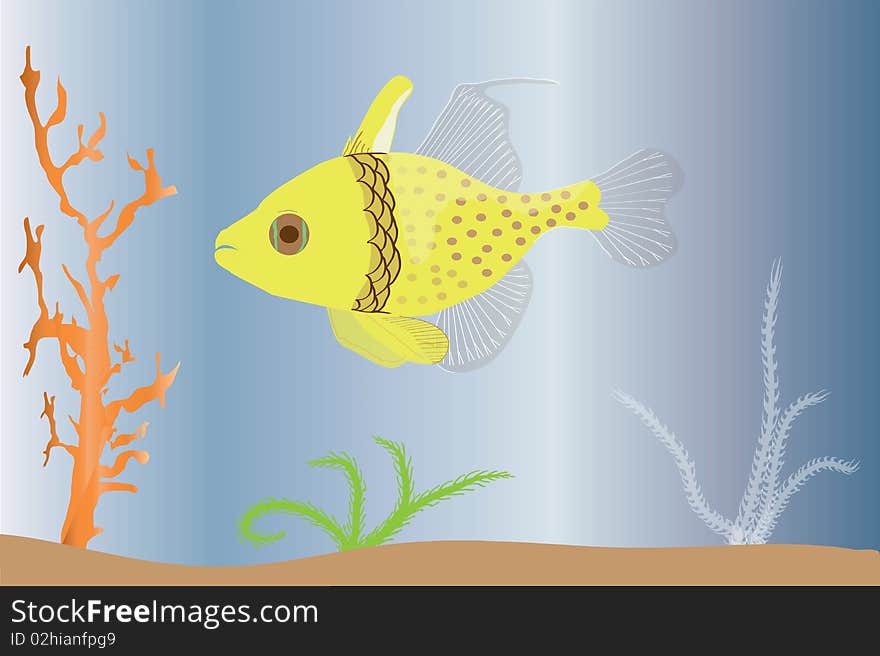 Illustration of a cardinal fish with coral and weeds and a blue background.