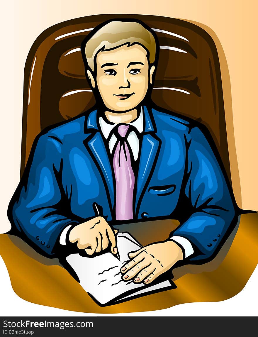 Manager at the table - vector color illustration