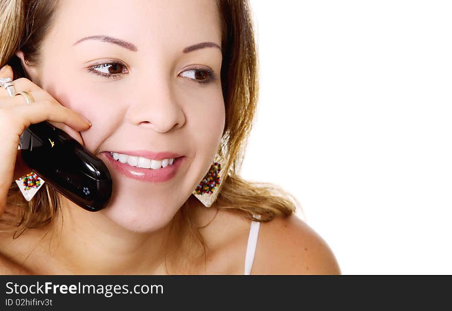 Woman talking on his cell phone. White Background. Woman talking on his cell phone. White Background