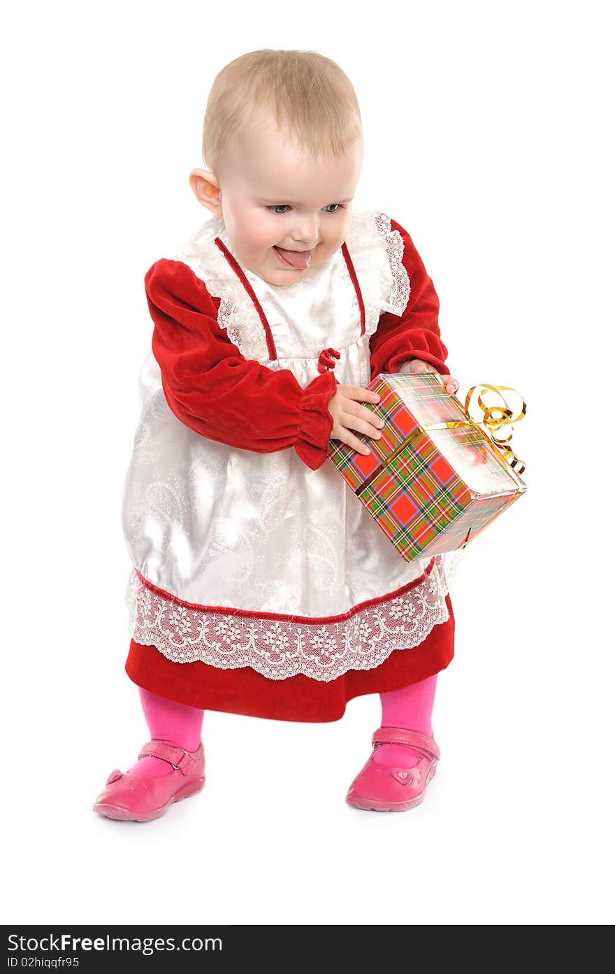 Portrait of the nice annual girl, with a gift isolated on a white background. Portrait of the nice annual girl, with a gift isolated on a white background.