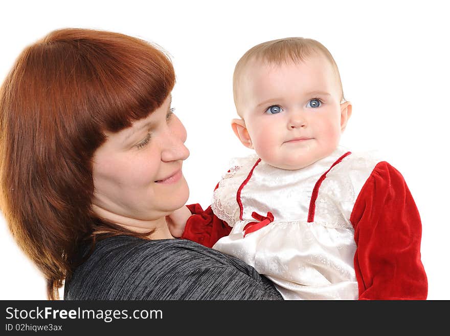 Happy mother and daughter smiling isolated over a white background