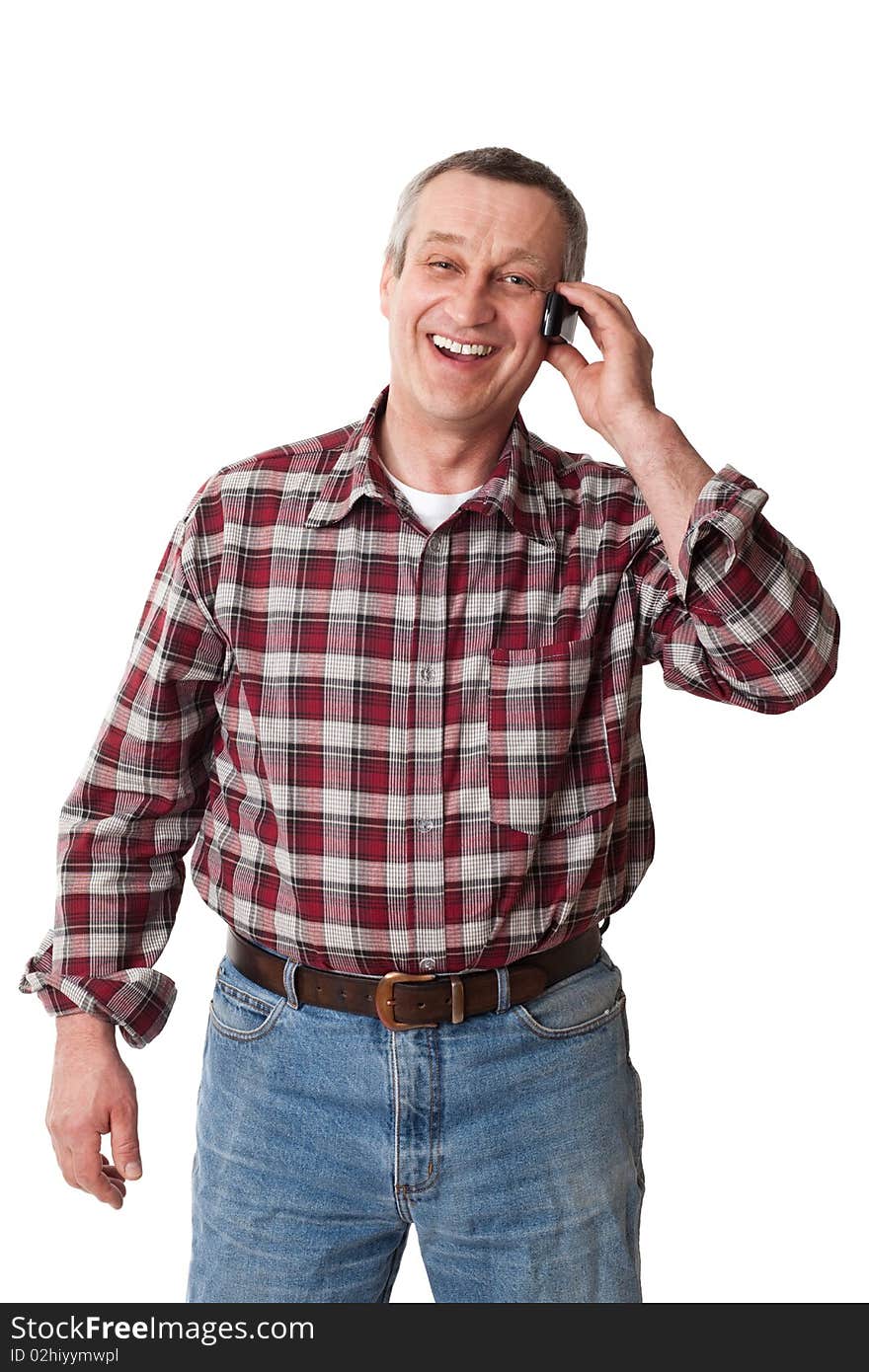 Senior man talking mobile isolated on white background