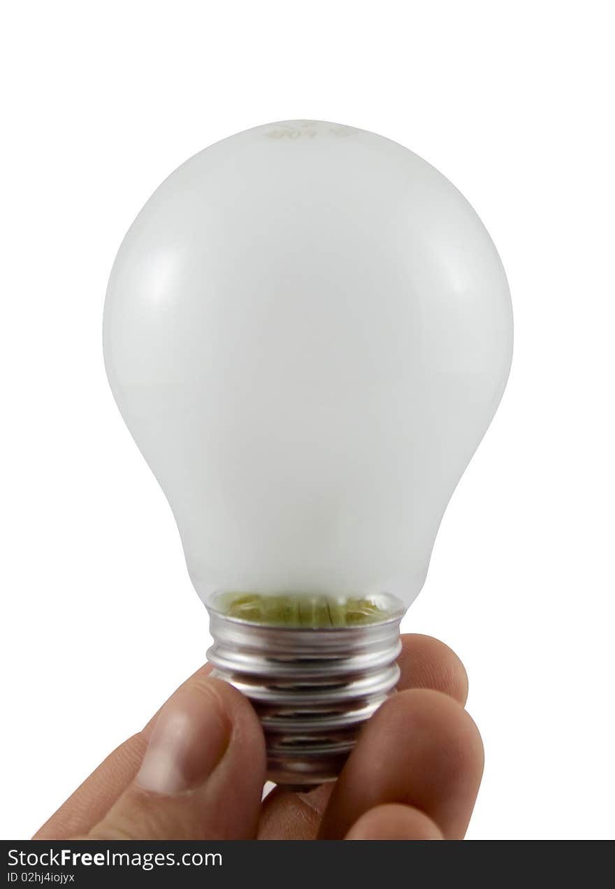 Matt lamp in his hand on a white background