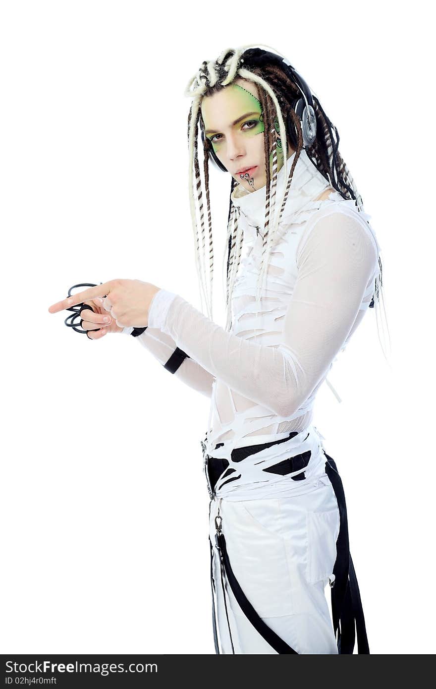 Shot of a futuristic young man with wires. Isolated over white background. Shot of a futuristic young man with wires. Isolated over white background.