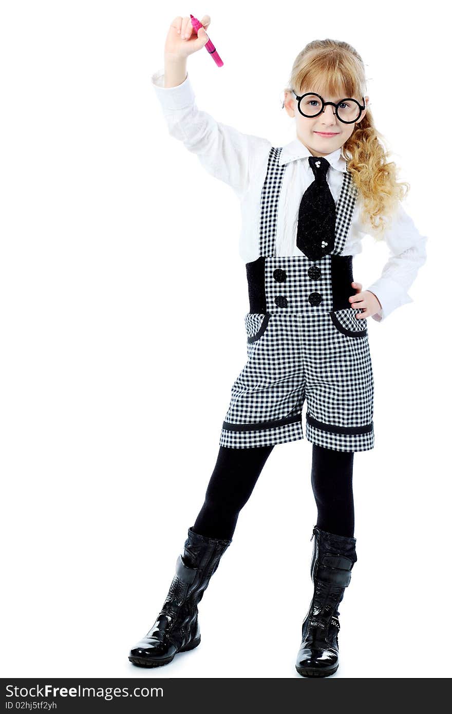 Shot of a little girl in glasses with a pen in her hand. Isolated over white background. Shot of a little girl in glasses with a pen in her hand. Isolated over white background.