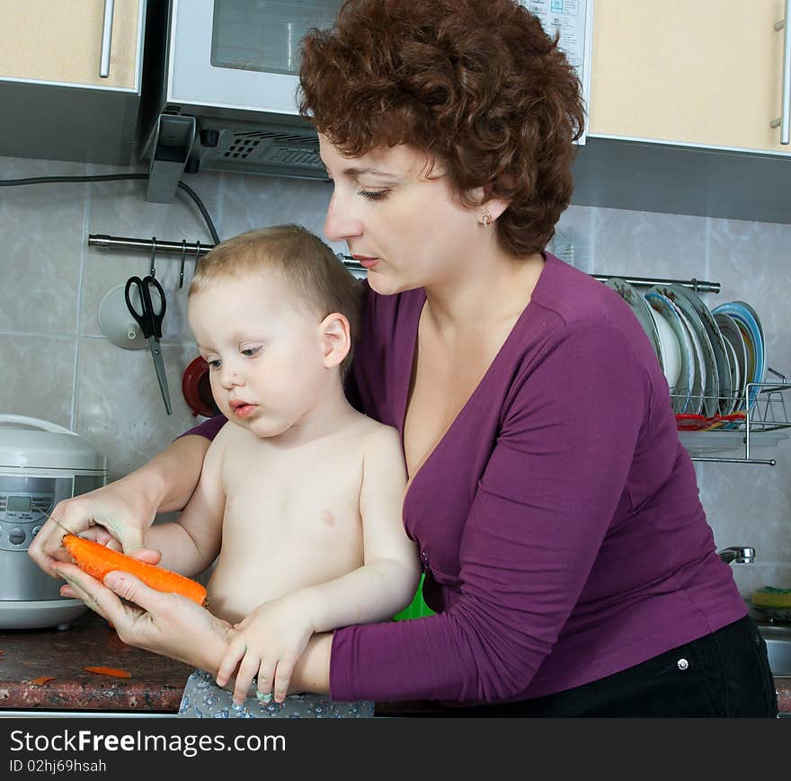 Mother and son cooking