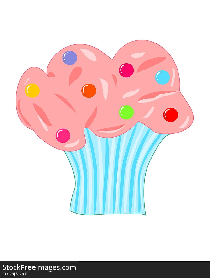 Delicious cupcake with pink cream and candies. Vector illustration. Delicious cupcake with pink cream and candies. Vector illustration