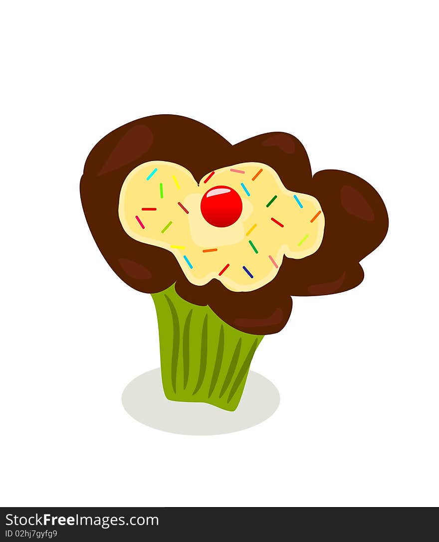 Vector illustration of chocolate cupcake with whipped cream and cherry