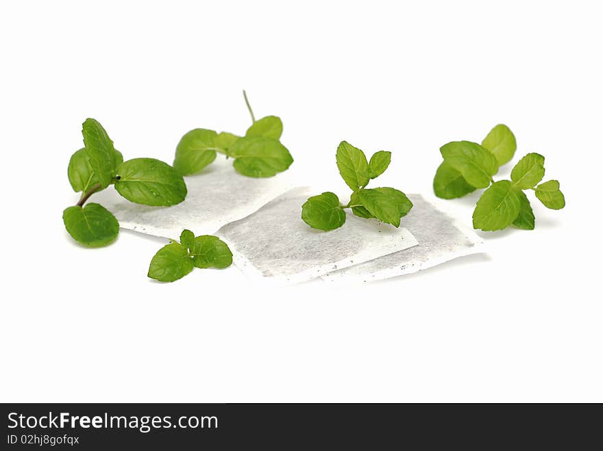 Mint tea bags and fresh mint leaves