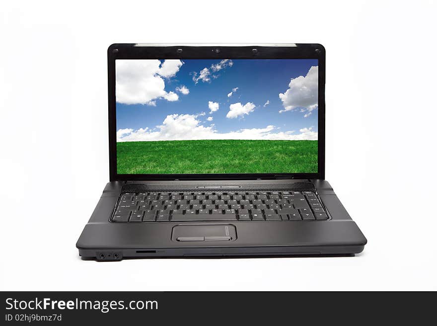 Laptop isolated on white background, landscape wallpaper. Laptop isolated on white background, landscape wallpaper