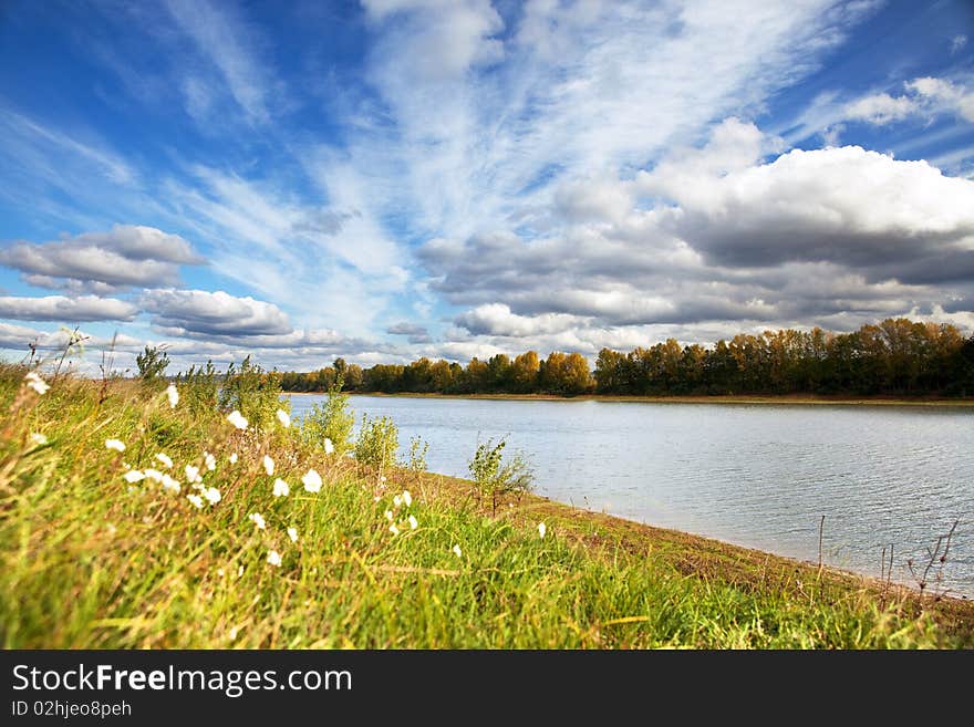 Flowers, river and blue sky. Flowers, river and blue sky.