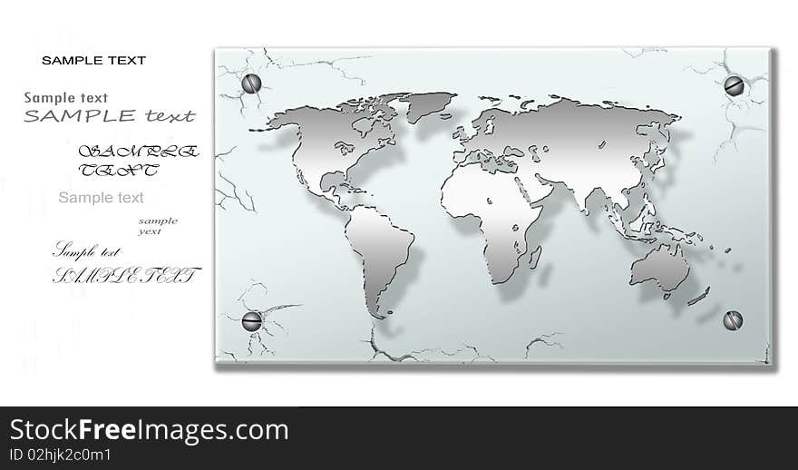 World map on transparent, fragile piece of glass with deep cracks. World map on transparent, fragile piece of glass with deep cracks.