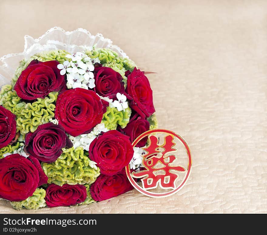 Bouquet Of Roses And Chinese Word