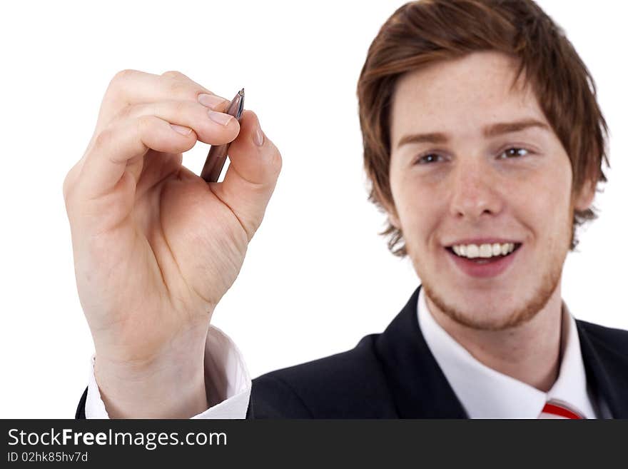 Picture of a businessman writing something over white