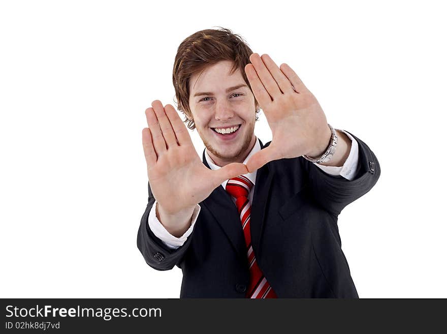 Young businessmen making a hand frame isolated on white