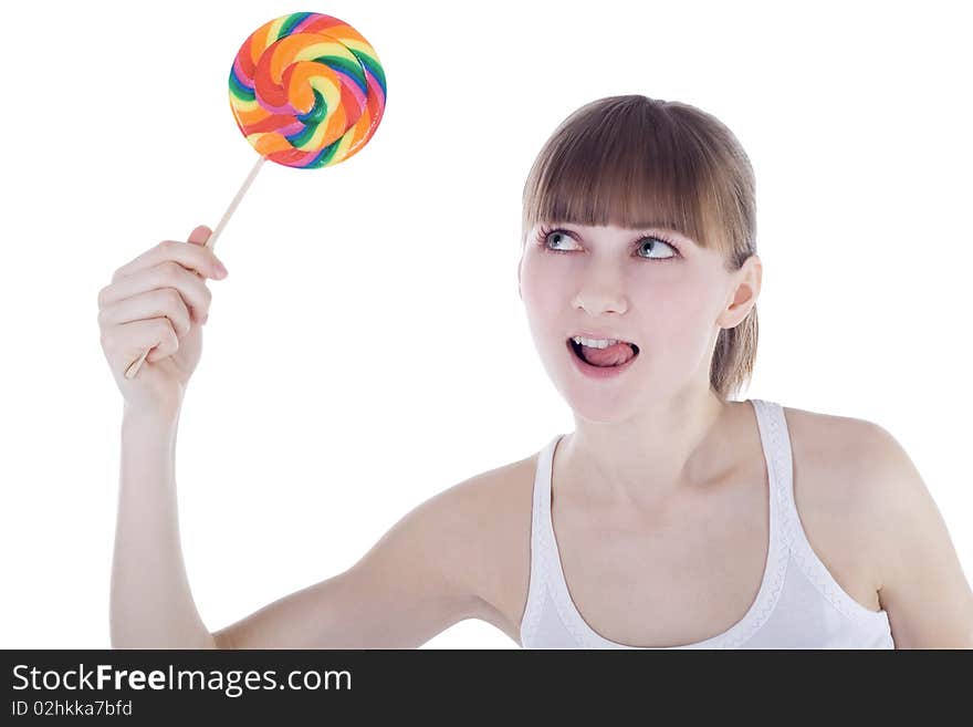 Picture Of Happy Blonde With Color Lollipop