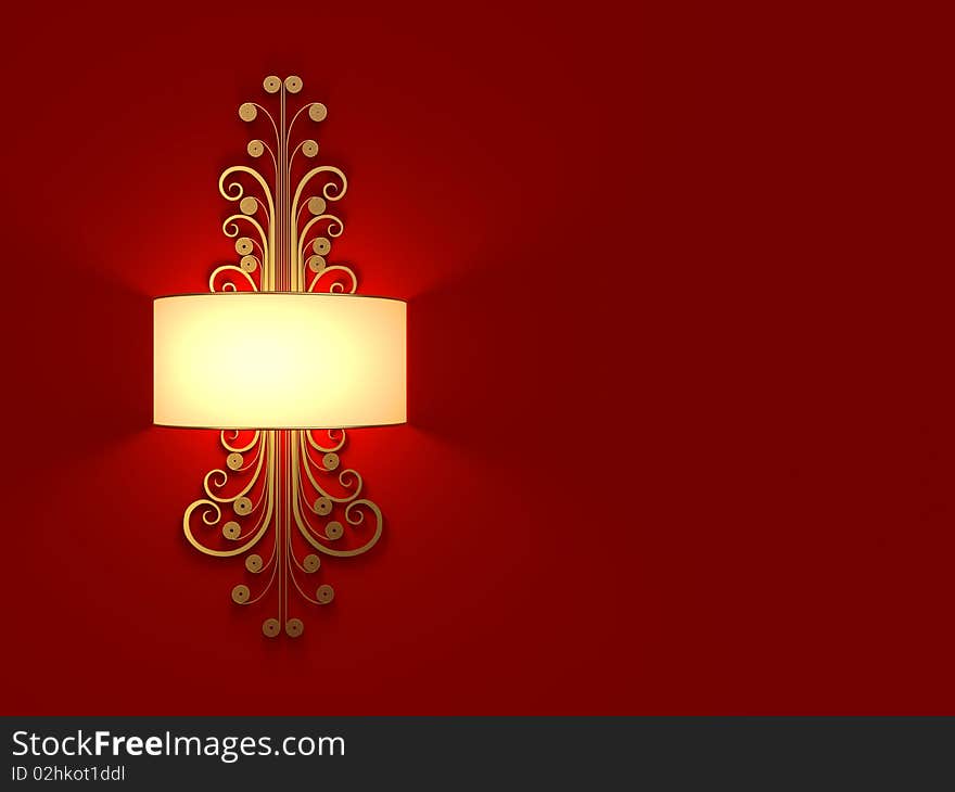 Lighted classic sconce on red background with space allot for text.