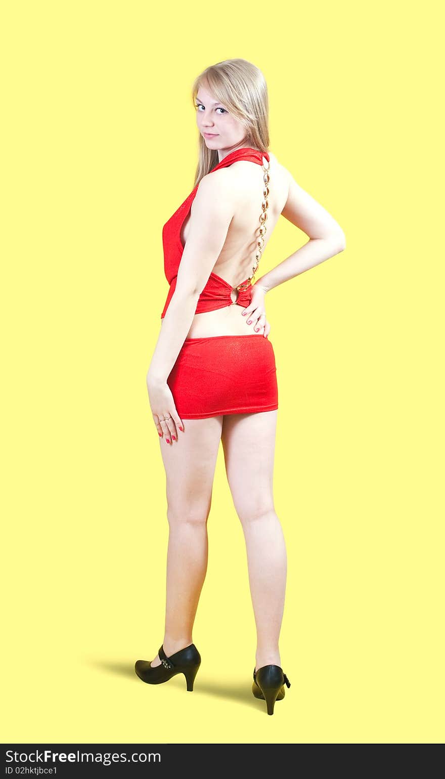 Rear view of girl in red dress. Rear view of girl in red dress