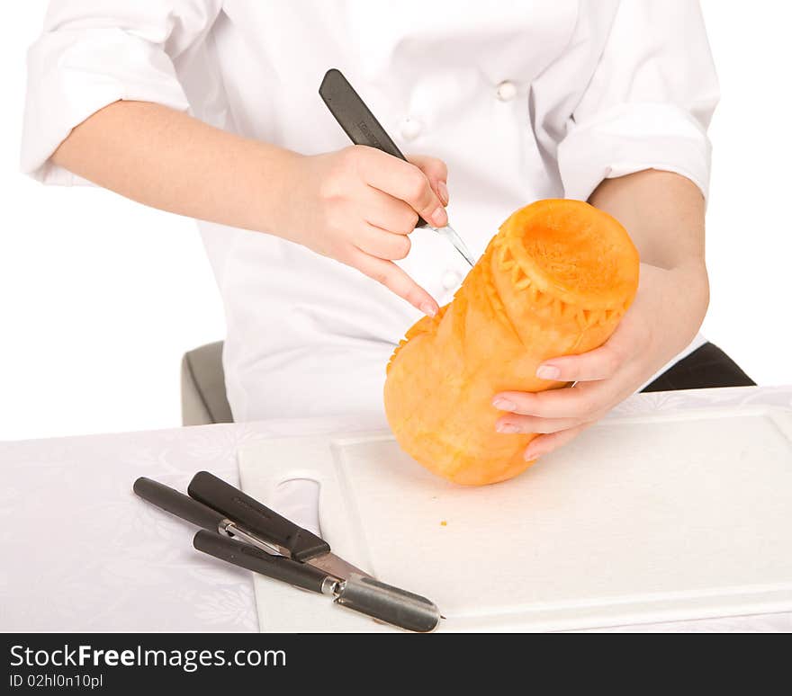 Process of carving a pumpkin isolated on white background