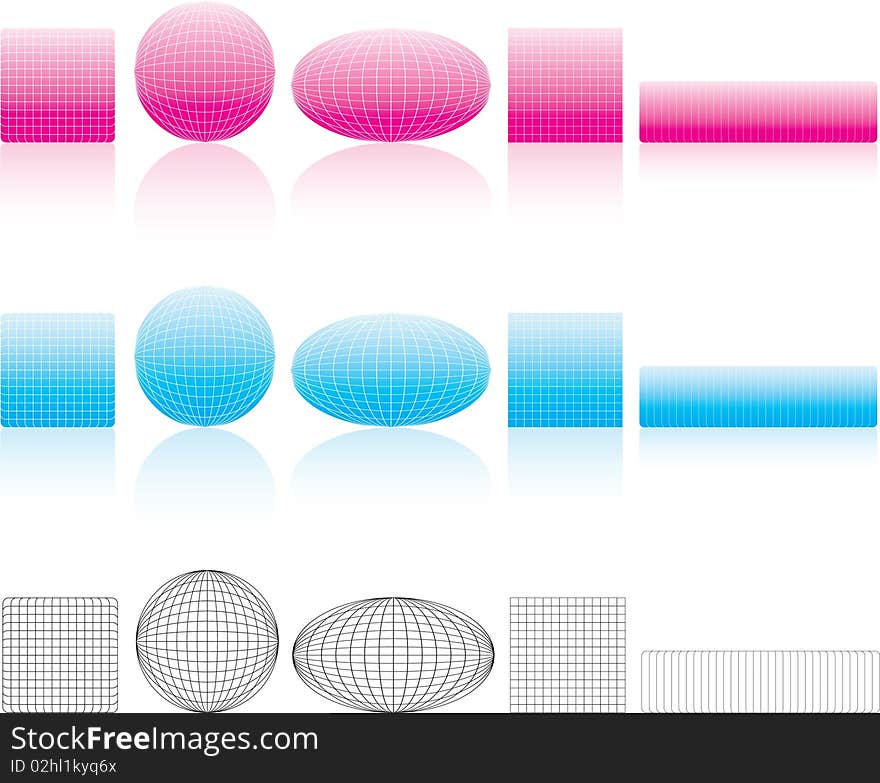 Colourful skeletons, buttons set. Isolated on a white background, with reflexion. Vector will be additional