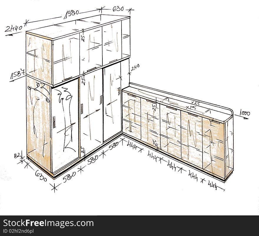 Modern Interior Design Freehand Drawing.