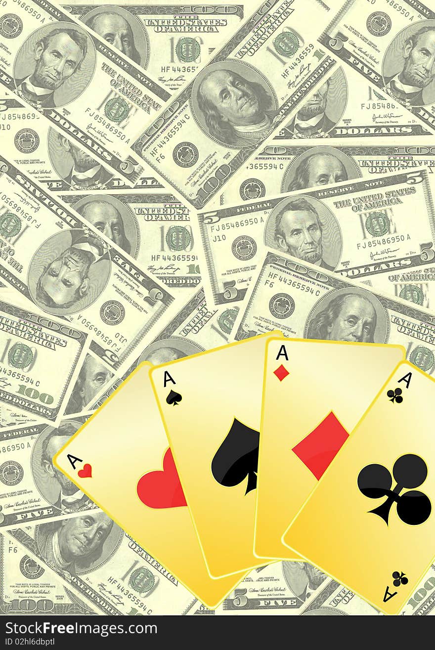 Image of playing cards on dollar background. Image of playing cards on dollar background