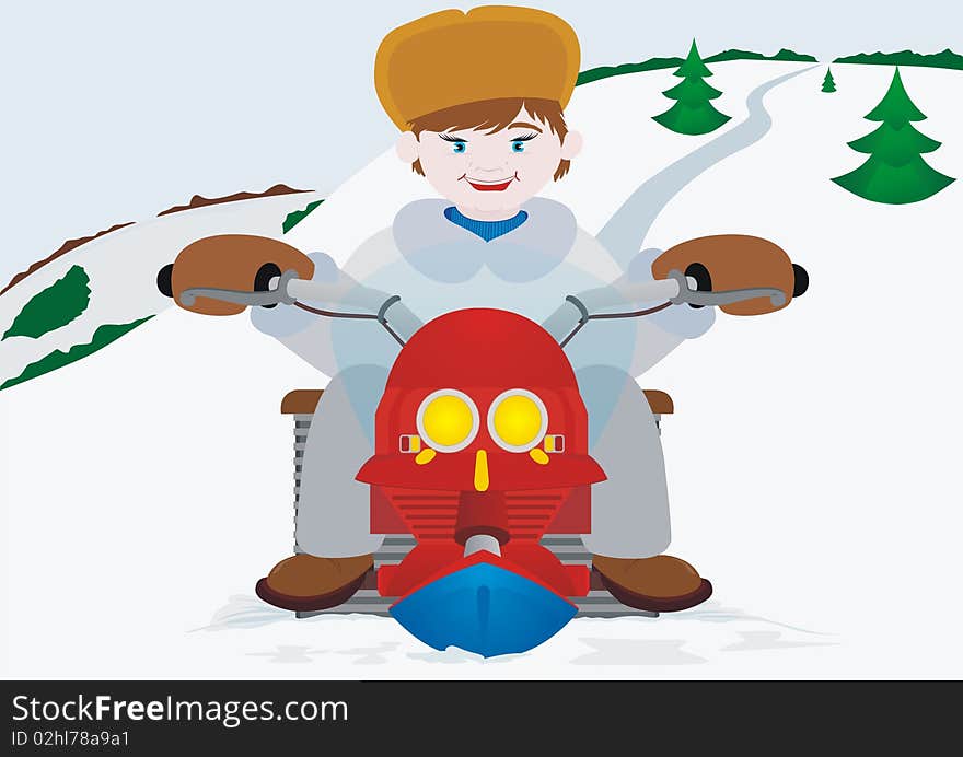 Winter sport. A young man riding on a snowmobile.