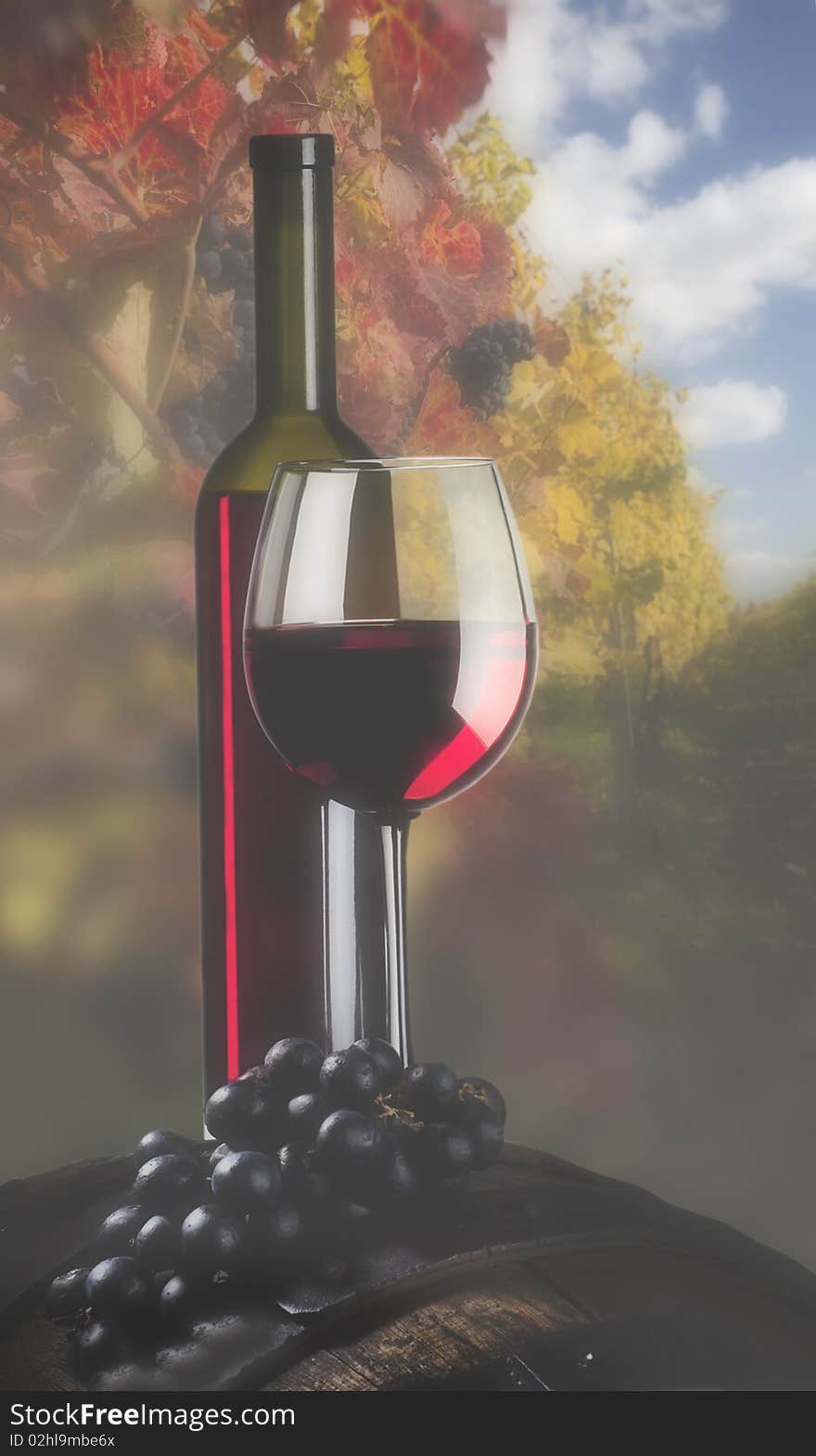 Wine composition with wine cask on background