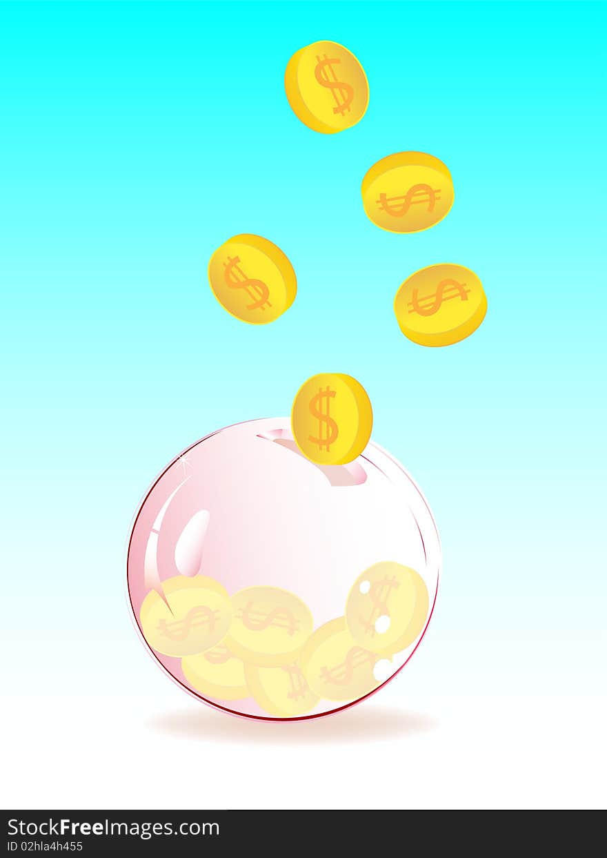 Pervaded soap bubble piggy bank with golden coin