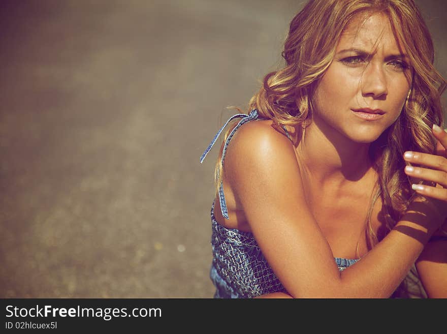 Blond woman on the road