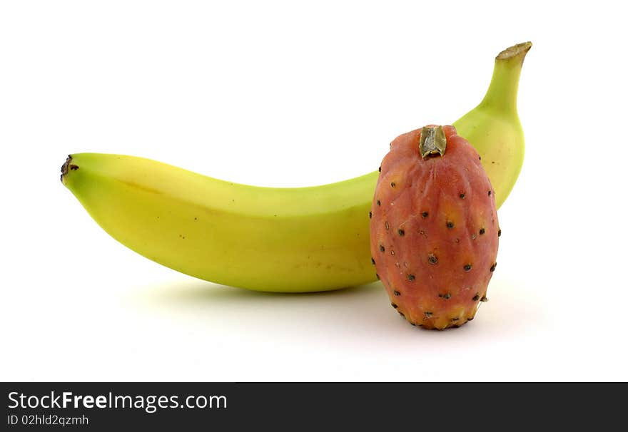 Banana with prickly pear on white background. Banana with prickly pear on white background