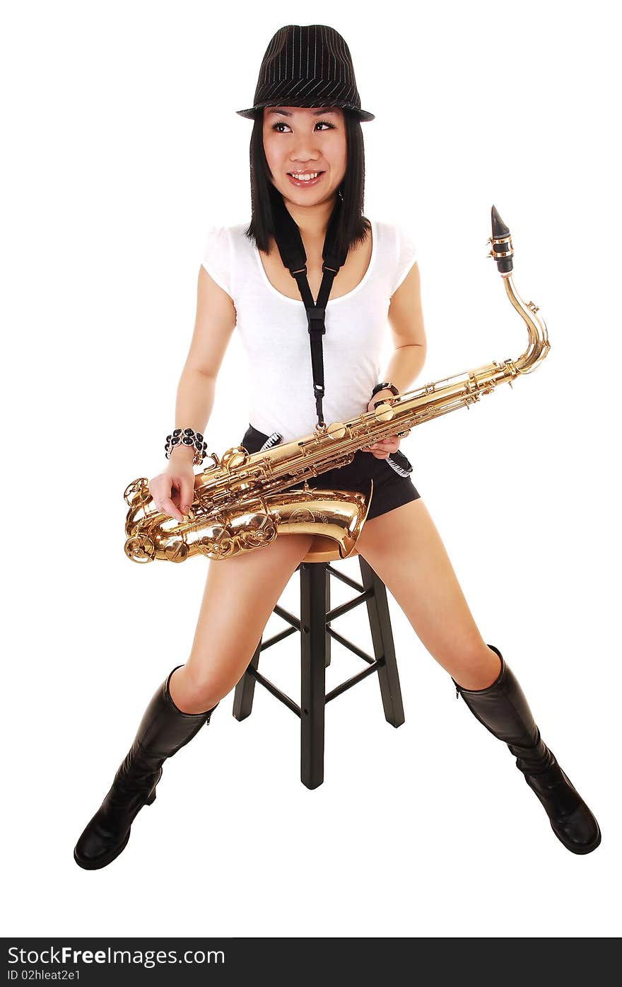 Chinese girl playing the saxophone.