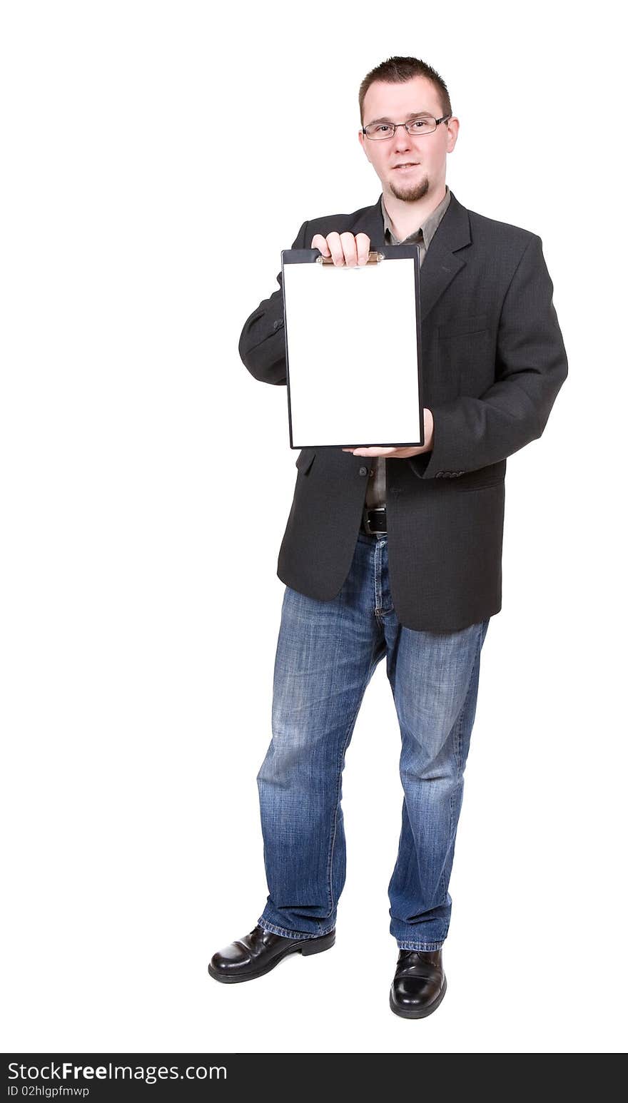 Casual man holding banner over white background. Casual man holding banner over white background