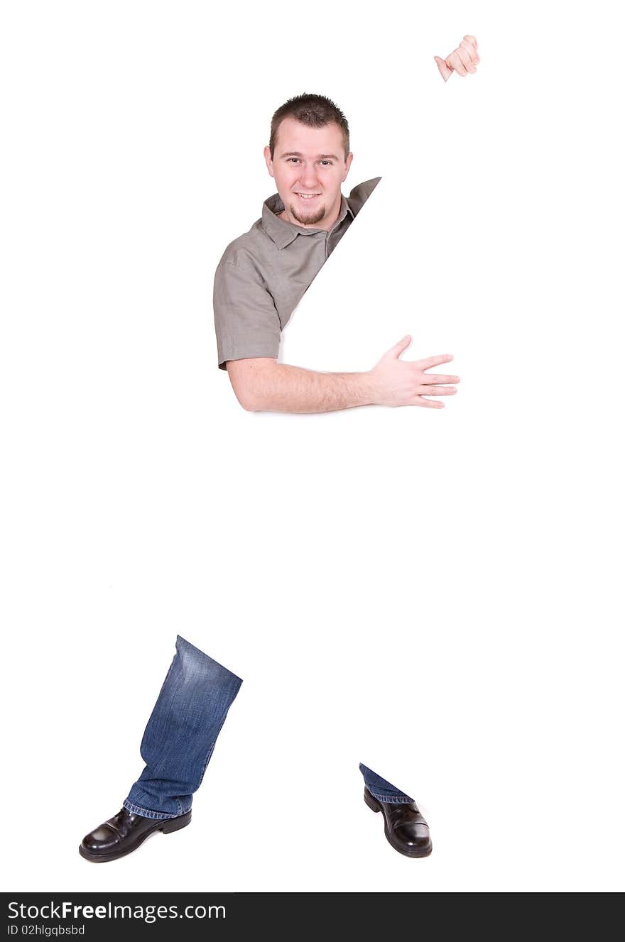 Casual man holding banner over white background. Casual man holding banner over white background