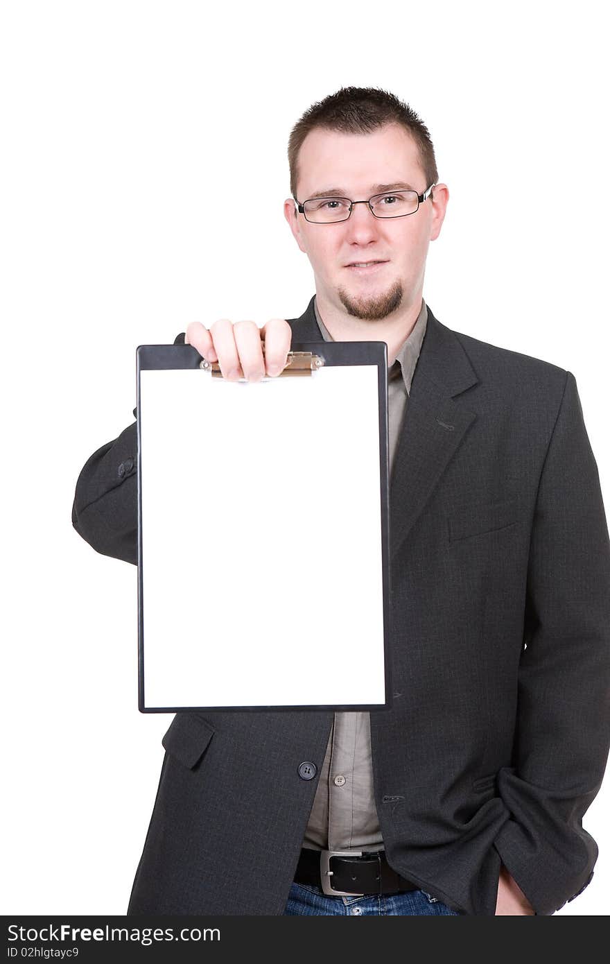 Casual man holding banner over white background. Casual man holding banner over white background