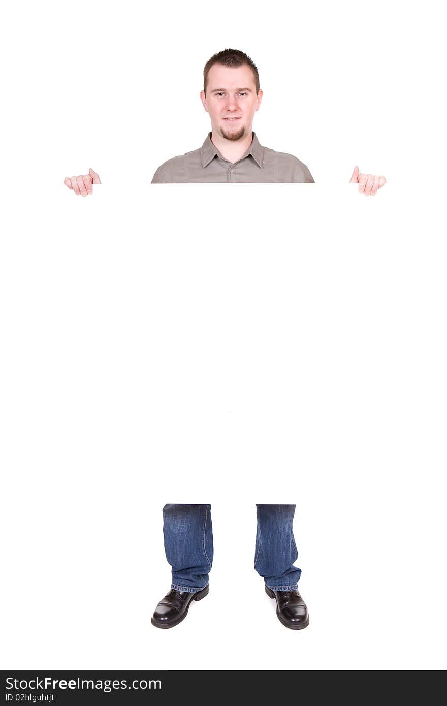 Casual man holding banner over white background. Casual man holding banner over white background